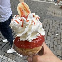 Vegan chimney cake with strawberry jam, bananas and soy whipped cream   at Sweet Dreams in Prague