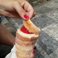 Traditional trndelnik with strawberry’s  at Sweet Dreams in Prague