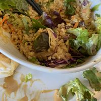 Dragon bowl - ask for half the sauce or on the side. This was after I wiped some off with my napkin   at Kameleon Food and Drink in Quadra Island