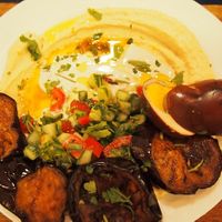 hummus, tahini and eggplant  at Mazel Tov in Budapest