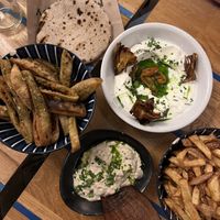Za’atar breadsticks (Made of deep fried pita), babaganoush & labneh   at Mazel Tov in Budapest