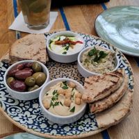 Mezze plate (labane not vegan) at Mazel Tov in Budapest