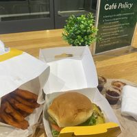 Vegan Cheese Burger (Minus Onions), Sweet Potato Fries, BBQ Sauce 🤪 and Cafe Policy 🙃  at PLNT Burger - Florida Ave in Washington