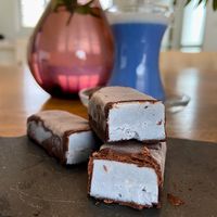 Blue Vanilla "cheese" curds in chocolate glaze at Vegan Desserts in Paphos