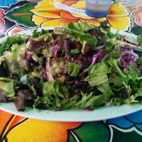 Huaraches - large handmade organic corn tortilla layered with avocado, black beans, rice, cilantro, onions, red cabbage, radishes & salsa. at Flacos in Berkeley