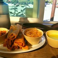 bulk order taquito with a side of beans, rice and creamy jalapeno sauce at Flacos in Berkeley