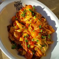 Vegan meatball tagliatelle with mushrooms at Happy Italy in Den Bosch