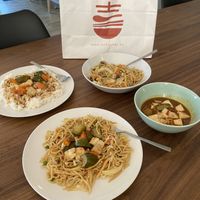 Vegan noodles with tofu and vegetables in a sauce and rice  at Lucky Star  in Koege