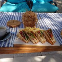 Club sandwich, fresh orange juice and coffee (be aware they don't have plant milk) at Seacret in Zakinthos