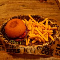 Vegan plant burger with fries at Tugg Burgers in Malmo