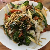 veggie medley with tempeh and noodles  at Bela in Northampton