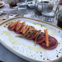 Homemade ravioli filled with hummus and vegan sour cream (I couldn’t really taste the sour cream)   at Caravel Bistro in Parga
