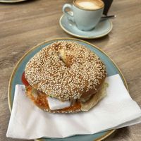Vegan bagel with cortado at Pompas in Budapest