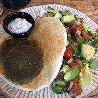 BROADBEAN & CHICKPEA VEGAN FALAFEL KEBAB
fresh flatbread with coconut mint yoghurt dip and salad at The Tuning Fork  in Rugby