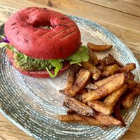 Falafel beetroot bagel with vegan pestoo  at Kafe Kaspar in Torshavn