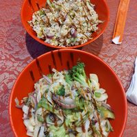 Rice bowl and noodle bowl. Tastier than it looks! at OK Wok in Santiago De Compostela