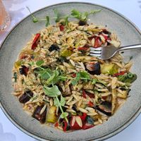 Vegan orzo and veg. at The Yard in Parga
