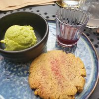 Avocado sorbet and traditional cookie at La Bartola in Toronto