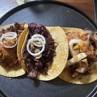 Tacos - middle one is  braised hibiscus   at La Bartola in Toronto