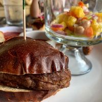 Beyond burger with sweet pepper sauce  at Divino Cucina Italiana in Hastings On Hudson