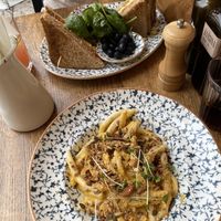 Pumpkin & tahini pasta and ‘vegan’ club sandwich which they actually put egg in much to our dismay   at Bepa in Split