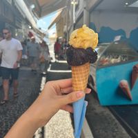 Bitter Chocolate and Passionfruit with vegan cone at Gelateria Zotos in Santorini