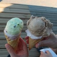Left: Solbær (black currant) and peppermint. Right: Solbær und Pildskadde (chocolate, caramel and rum) at Ice Bakers in Klitmoeller
