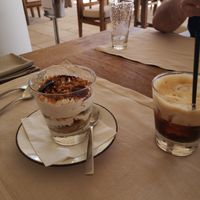 vegan tiramisu and freddo espresso.  at Mediterraneo by the Sea in Paphos