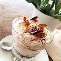 Perfect vegan tiramisu topped with coffee decor at Mediterraneo by the Sea in Paphos