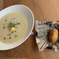 starters: white asparagus cream + jackfruit&cashew croquette  at Aromatic Restaurant in Altafulla