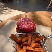 Artichoke patty hamburger with sweet potato fries  at Aromatic Restaurant in Altafulla