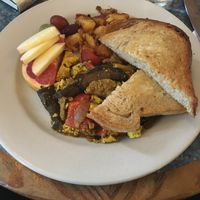Tofu vegan scramble at Haymarket Bookstore Cafe in Northampton