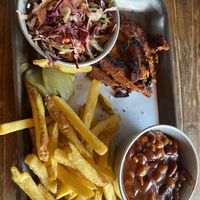 Seitan Brisket with beans, fries and slaw.  at Stoked Vegan BBQ in Westcliff-on-sea