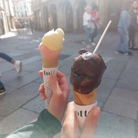 Dark chocolate, strawberry and passionfruit cones at Heladeria Sotto Zero Santiago in Santiago De Compostela