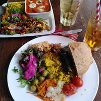 Mezze and gnocchi (left) with ice tea at Kyffin Cafe Deli in Bangor