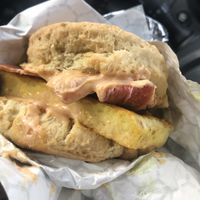 Breakfast sandwich with “bacon" at Little Barn Coffee House in Los Angeles