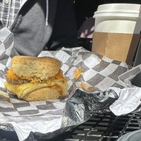 Breakfast sando with delicious homemade biscuitts  at Little Barn Coffee House in Los Angeles