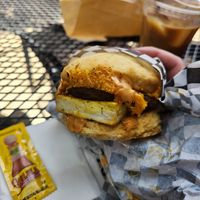 Maple sausage biscuit breakfast sandwhich at Little Barn Coffee House in Los Angeles