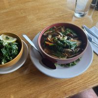 Sautéed greens and noodle soup with veg  at Paul and Elizabeth's in Northampton