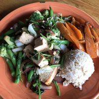 Veggie platter (special that day) - mixed veggies and tofu with a small cup of rice. LARGE meal, to-go box recommended. at Paul and Elizabeth's in Northampton