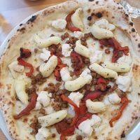 Sausage, mash potato & red pepper pizza at Pizzeria Grano in Vancouver