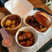 Beef Hot Roast Bap, Rosemary Roast Potatoes, Pigs in Blankets at How On Earth in Exeter