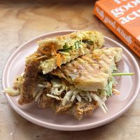 Katsu fried “chicken” with katsu mayo, Asian slaw and rocket   at How On Earth in Exeter