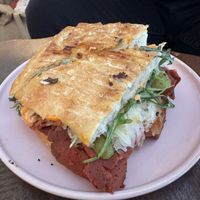 Pastrami in focaccia   at How On Earth in Exeter