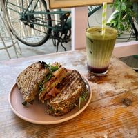“Prosciutto” pesto sourdough and Cherry Bakewell iced matcha  at How On Earth in Exeter