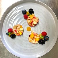 Our Fruitsalad, the best part is missing!! our Homemade vegan sorbet! Just ask the waiter to recommend the 3 best options we freshly made that day!:) at Die Reichsstadt in Gengenbach