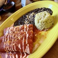 Vegan ground beef enchiladas with red sauce .  at Maria's Mexican Restaurant in South Lake Tahoe