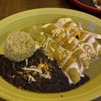 Vegan chicken enchiladas with green sauce  at Maria's Mexican Restaurant in South Lake Tahoe
