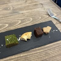 left to right: matcha cake, banana bread, cacao brownie and oat biscuit   at Vegeto LIKO in Sendai