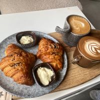 Coffee drinks with soya milk and oat milk, and vegan cheese croissants   at Moon Shell in Riyadh